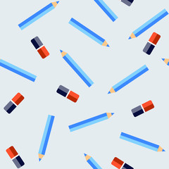 A pattern with blue pencils and erasers