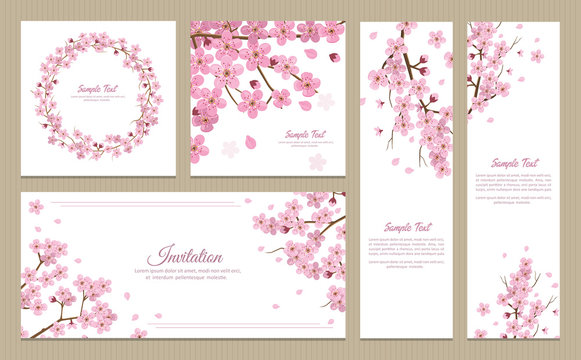 Set of greeting cards, banners and invitation card with blossom sakura flowers.