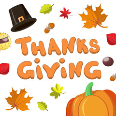 Hand Drawn Happy Thanksgiving Card Template With Autumn leaves and Pumpkin.