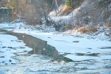 Mountain river in winter landscape. Winter concept