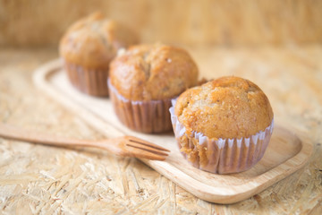 Fresh baked muffins from oven, selective focus