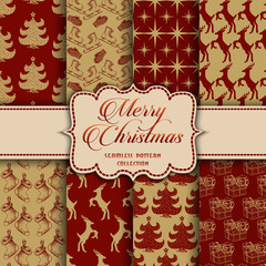 Christmas Collection of seamless patterns with red and golden colors