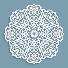 Lace 3D mandala, round symmetrical openwork pattern, lacy doily, decorative  snowflake, arabic ornament, indian ornament, embossed pattern, decorative design element,  vector