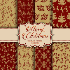 Christmas Collection of seamless patterns with red and golden colors