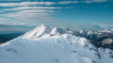 Fototapeta na wymiar Beautiful landscape of snowy mountains, panorama