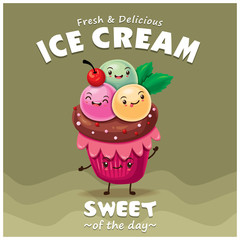 Vintage Cupcake poster design with vector cupcake character.