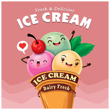 Vintage Ice cream poster design with ice cream character.