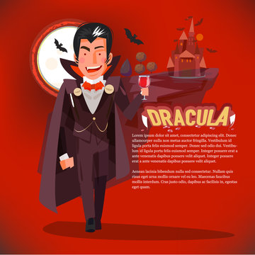 dracula character with glass blood. brush cocktail - vector