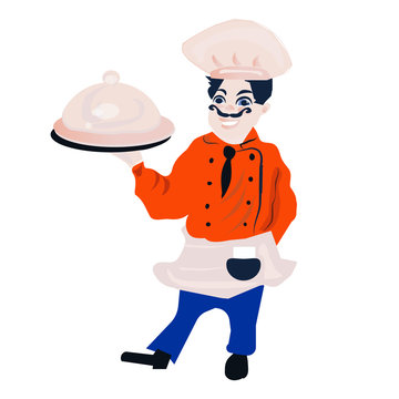 funny cartoon restaurant character, merry cook icon, isolated no background, chef man, cooking