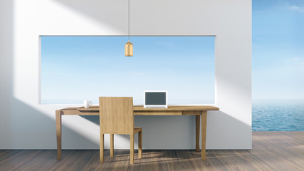 A desk whit a coffee cup computer notebook in empty room looking out to sea.3D rendering.