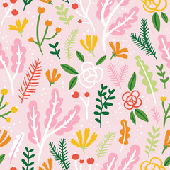 Flowers, leaves and berries seamless pattern on pink background