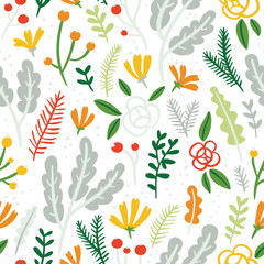 Flowers, leaves and berries seamless pattern on white background