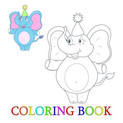 Happy elephant cartoon. Color and contour, coloring book Vector illustration. Childrens illustration.