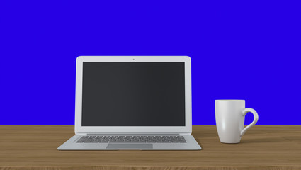 Laptop and coffee mugs on wooden table isolated on blue screen background.3D rendering.