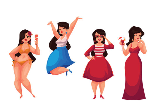 Cute Curvy, Overweight Girl In Bikini, Casual, Fashionable And Evening Dress, Cartoon Vector Illustration Isolated On White Background. Happy And Smiling Fat, Chubby, Curvy Girl In Various Dresses