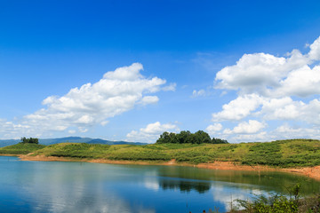 Fototapeta na wymiar Landscapes blue sky with white clouds and river in thailand