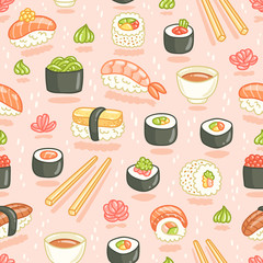Sushi and rolls seamless pattern on pink background
