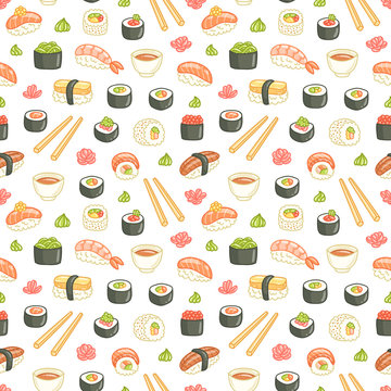 Sushi and rolls seamless pattern on white background