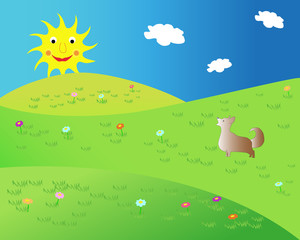 Vector silhouette of a dog with funny sun in nature landscape
