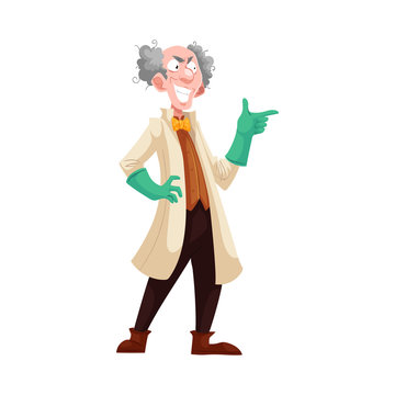 Mad professor with grey bushy hair in lab coat and green rubber gloves, cartoon vector illustration isolated on white background. Crazy laughing white-haired scientist, stereotype of scientist
