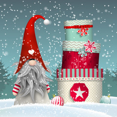 Scandinavian christmas traditional gnome, Tomte, with stack of colorful gift boxes, illustration