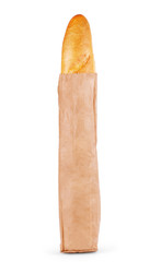 Fresh Baguette in a paper bag, over the white background.