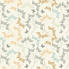 Seamless pattern with cute butterflies and leaves