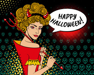 Happy Halloween! Sexy surprised devil woman ginger curly hair, red horns, trident and speech bubble. Vector background in pop art retro comic style. Halloween party invitation poster.