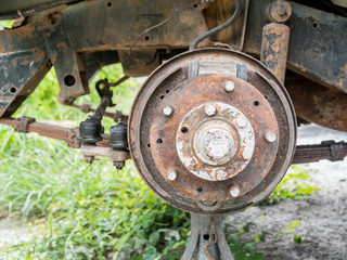 old vehicle wheel , drum breaks system, selective focus
