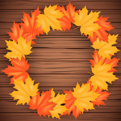 Red and Yellow Autumn Leaves Pattern Background with circle for your text on wood backdrop. Square format. Vector Illustration isolated on white background.