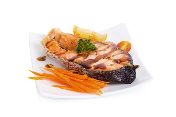 Salmon steak on white background.