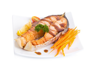 Salmon steak on white background.