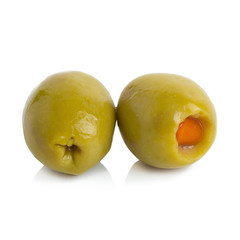 Green olives stuffed with red paprika isolated on white