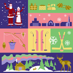 Flyers Explore the world. Scandinavia. Conceptual illustration with Finland elements and emblems made in flat design style Travel to Europe banner template. Vector eps10