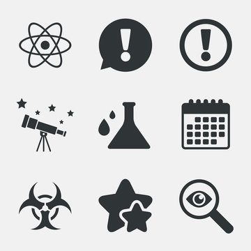 Attention biohazard icons. Chemistry flask.