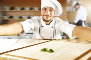 cook chef making selfie and wooden top place 