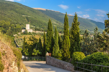 Assisi, Italy. Mountain landscape with ancient fortress