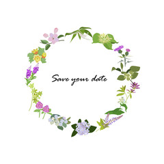 Frame from wild flowers. Unique decoration for greeting card, wedding invitation, save the date. Isolated floral design. Summer plant with space for your text. eps10 vector illustration.