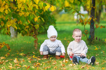 The brother and the little sister sit in a grass in the autumn park.