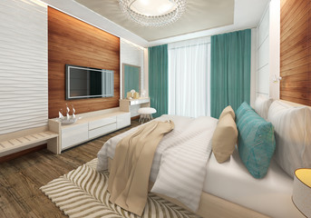 Wooden bedroom interior modern design with TV on the wall, hotel room