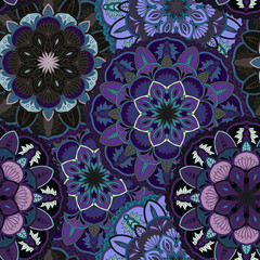 Seamless round ornament pattern for printing on fabric or paper. Hand drawn background. Elements for your design.
