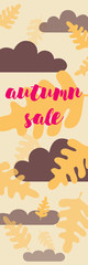 Autumn sale or discounts. Words on the background of an oak leaf
Autumn abstract vector background with falling leaves, clouds and shopping invitation