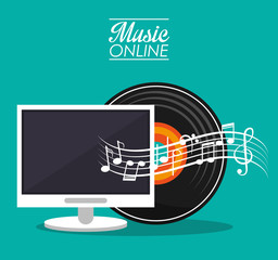 Computer and music note icon. Music online sound technology and media theme. Colorful design. Vector illustration