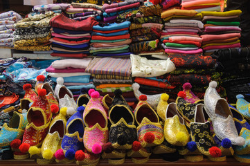 Market stall with turkish shoes at Grand Bazaar in Istanbul,
