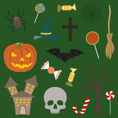 Halloween symbols on a green background