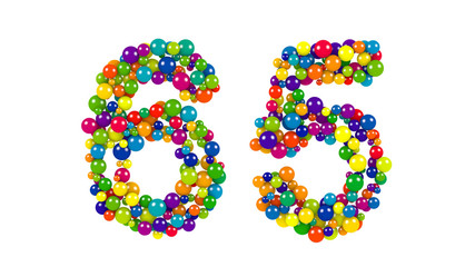 Number 65 as colorful balls over white