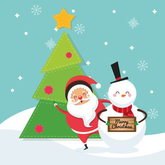 Santa snowman cartoon and pine tree icon. Merry Christmas season celebration and decoration theme. Colorful design. Vector illustration