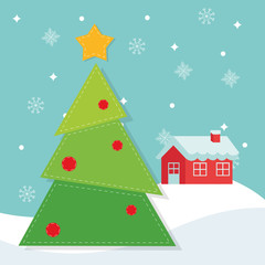 Pine tree and house icon. Merry Christmas season celebration and decoration theme. Colorful design. Vector illustration