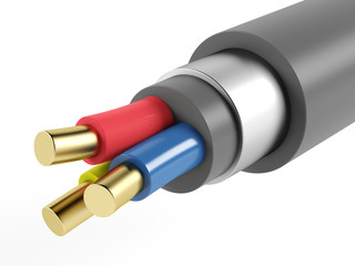 Electric copper armored cable on a white background. 3D rendering