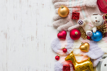 Christmas and Happy new year decoration flat lay on white wooden board background, festival concept